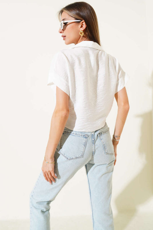 Sequined Eye Embroidered Tie-Down Shirt in Ecru