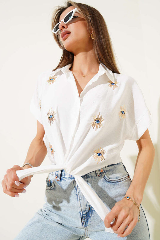 Sequined Eye Embroidered Tie-Down Shirt in Ecru