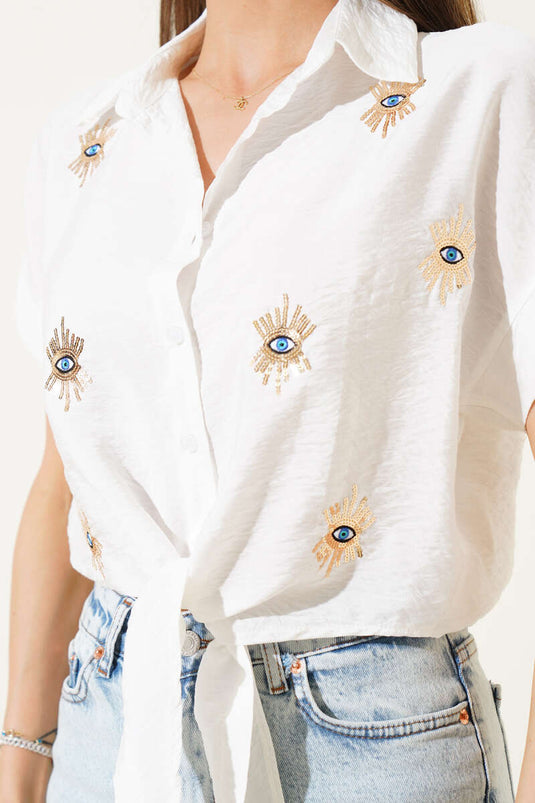 Sequined Eye Embroidered Tie-Down Shirt in Ecru