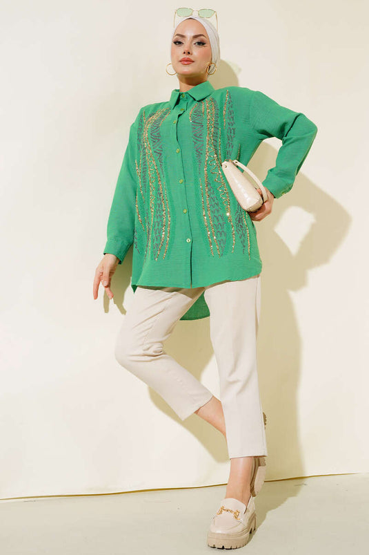 Pullu Nakışlı Gömlek Yeşil