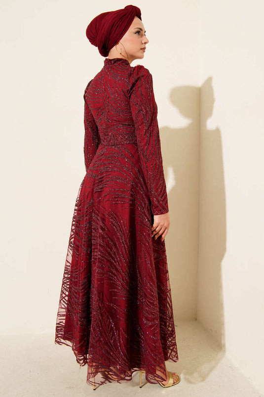 Sequined Glitter Evening Dress Burgundy