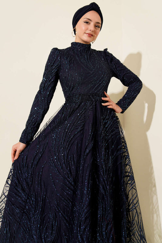 Sequined Glitter Evening Dress Navy Blue