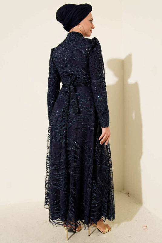 Sequined Glitter Evening Dress Navy Blue