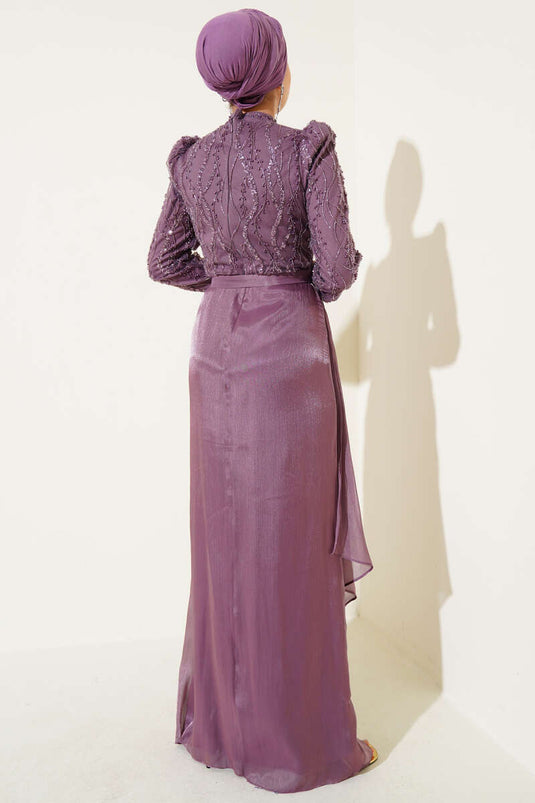 Sequined Stone Belted Evening Dress Magenta