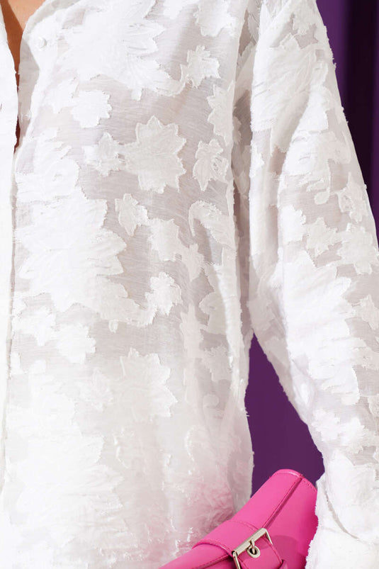 Tassel Flower Pattern Transparent Shirt White