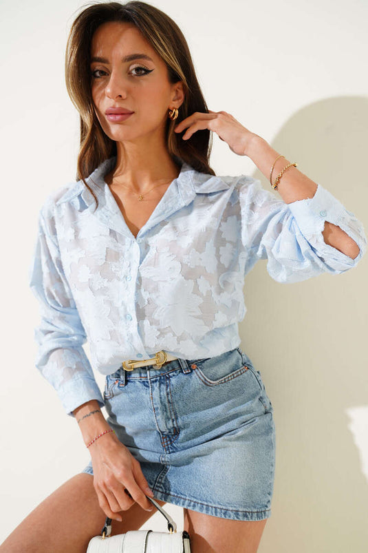 Tassel Flower Pattern Transparent Shirt Blue