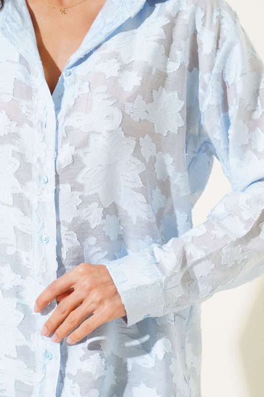 Tassel Flower Pattern Transparent Shirt Blue
