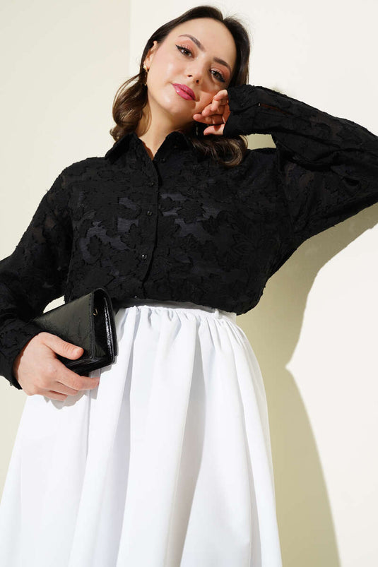 Chemise transparente noire à motif floral avec franges