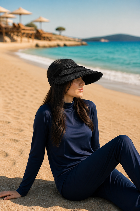 Adjustable Straw Beach Hat with Tassel Detail Black