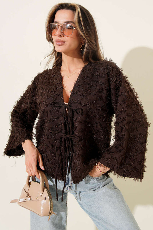 Kimono con coulisse e dettagli a frange, colore caffè