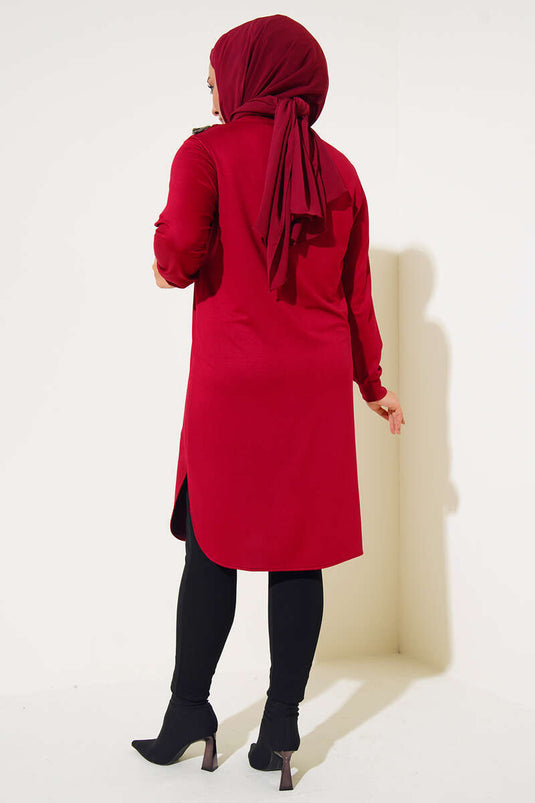 Tunique Longue Grande Taille Détail Pompon Rouge Claret