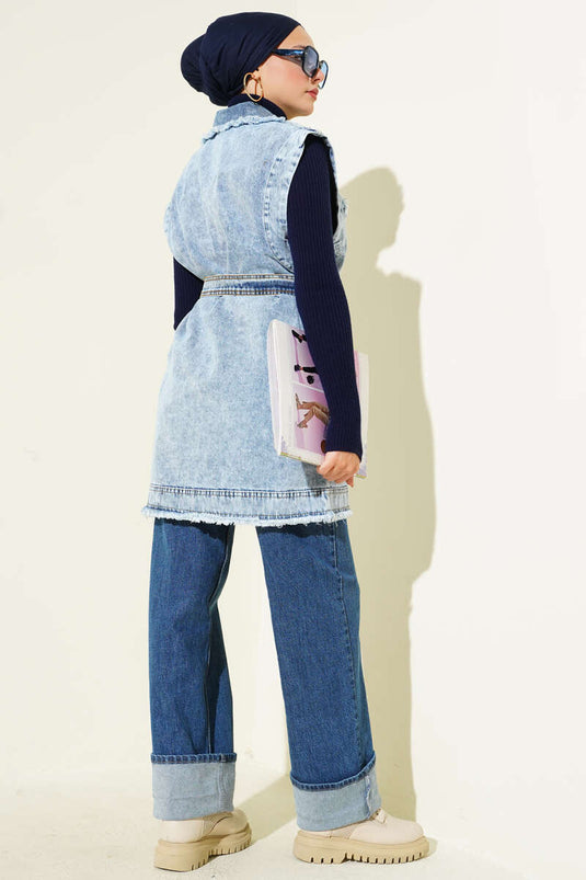 Tassel Detailed Pocket Flap Denim Vest Denim Blue