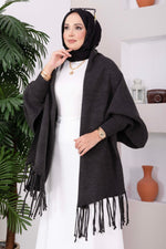 Poncho En Maille À Manches Frangées Anthracite