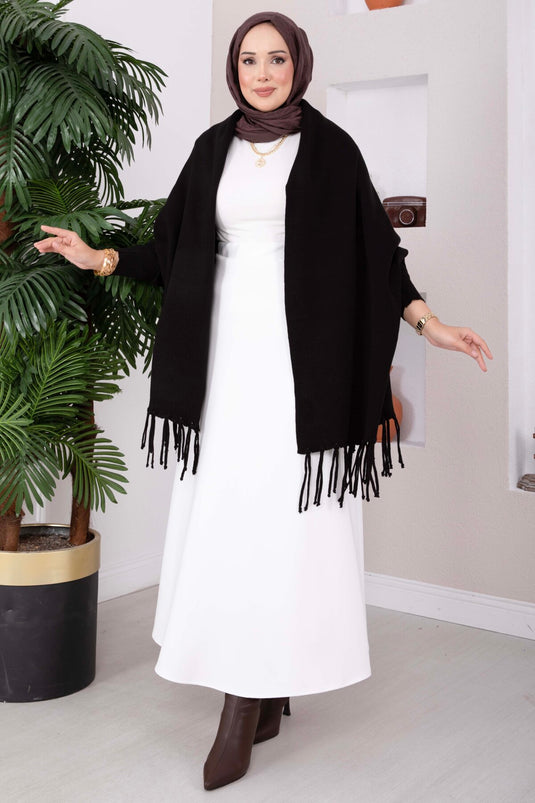 Zwarte Trui Poncho Met Franje Details