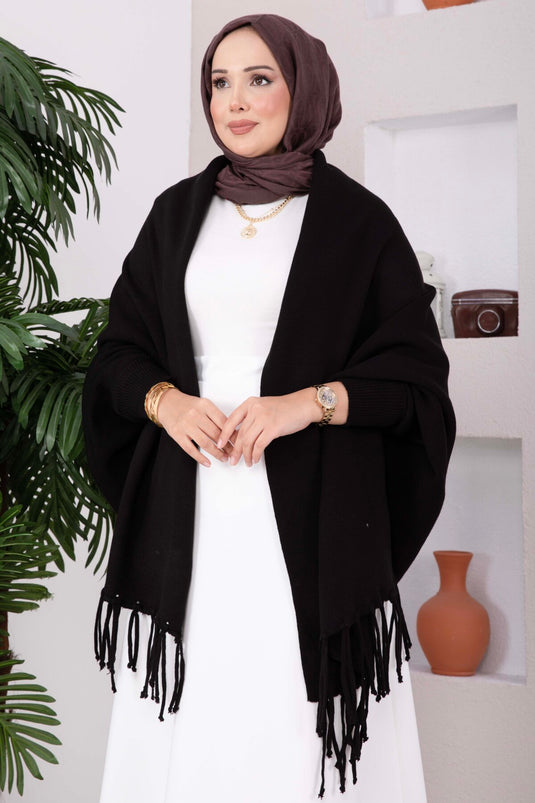 Zwarte Trui Poncho Met Franje Details