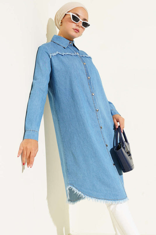 Tunique hijab longue bleu denim avec détails à pompons