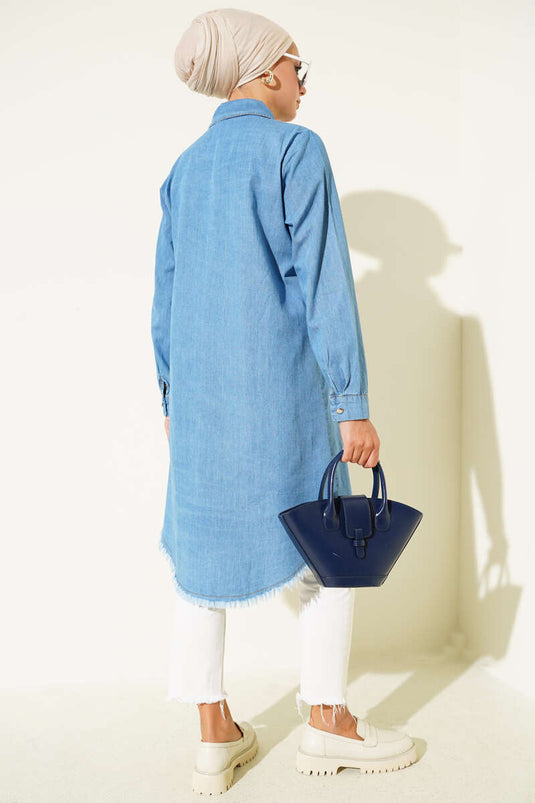 Tunique hijab longue bleu denim avec détails à pompons