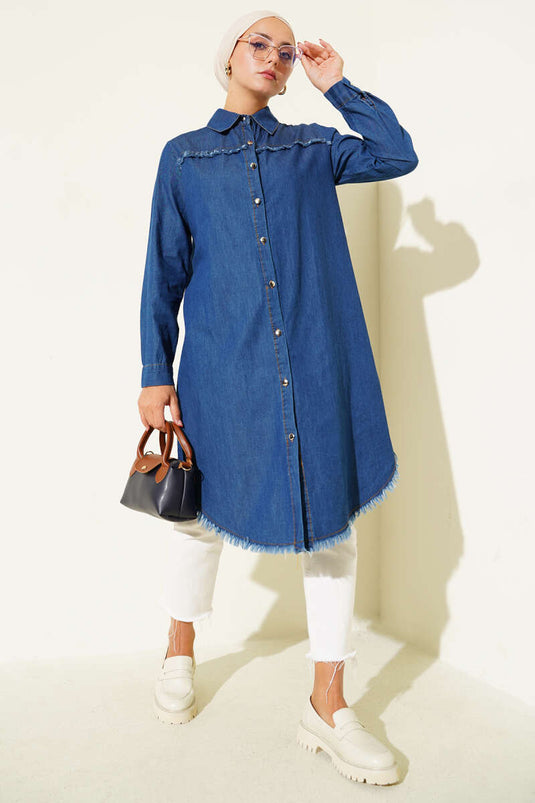 Tunique hijab longue en jean à détails de pompons