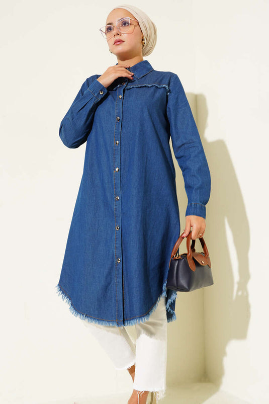 Tunique hijab longue en jean à détails de pompons