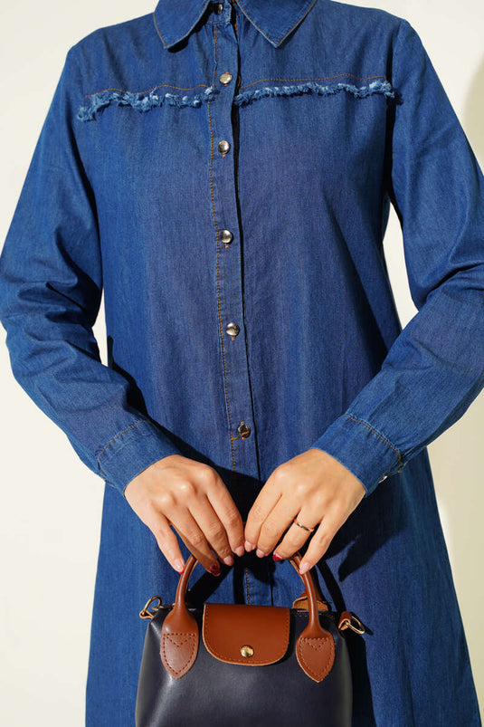 Tunique hijab longue en jean à détails de pompons