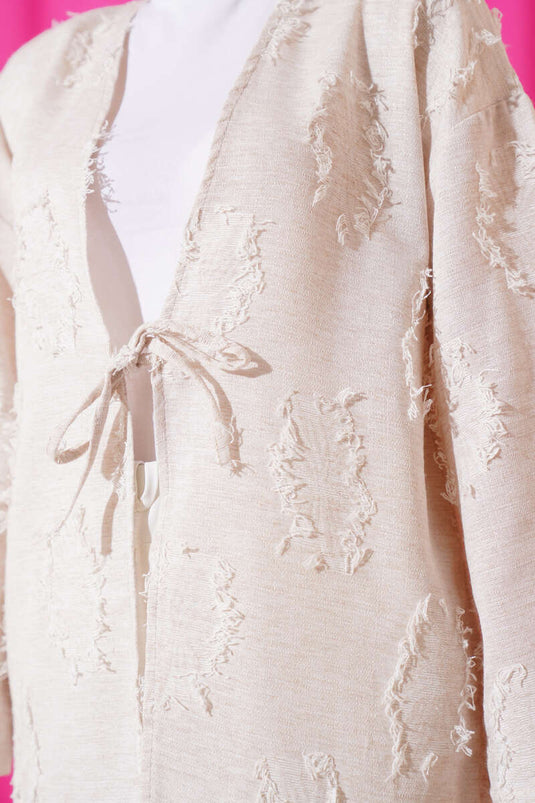 Püskül Detaylı Önü Bağlamalı Kimono Bej