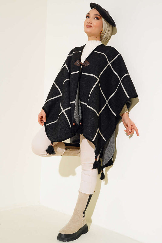 Poncho Détail Pompon Noir