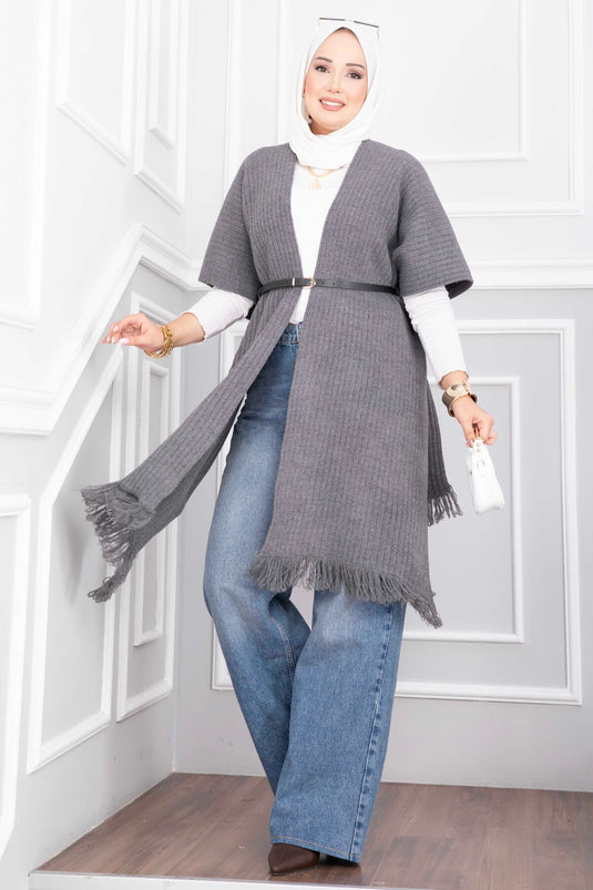 Poncho De Punto Con Flecos Gris Humo