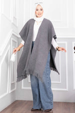 Poncho En Maille À Franges Gris Fumé
