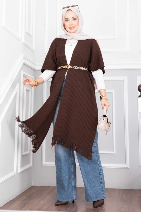 Beaded Tassel Knit Poncho In Brown