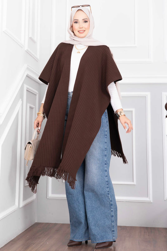 Beaded Tassel Knit Poncho In Brown