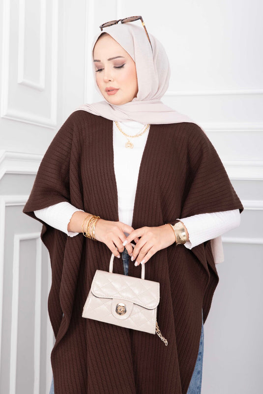 Beaded Tassel Knit Poncho In Brown
