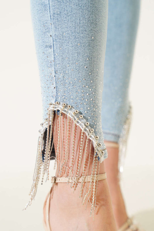 Tassel Stoned Skinny Leg Jeans Light Snow