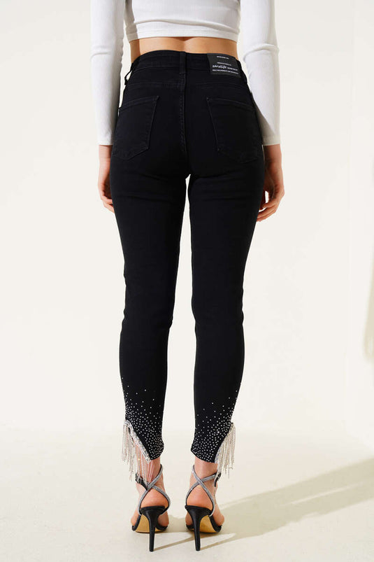 Tassel Stoned Skinny Leg Jeans Black