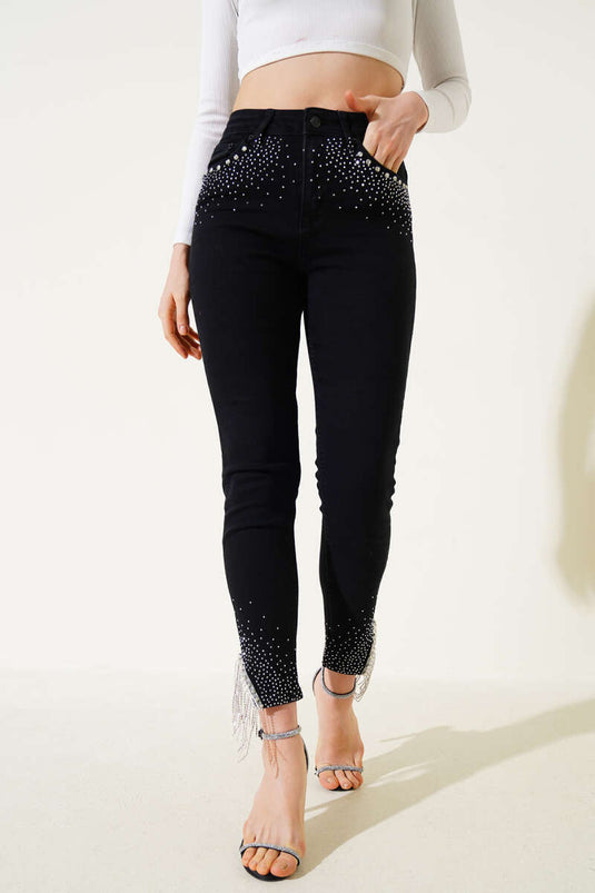 Tassel Stoned Skinny Leg Jeans Black