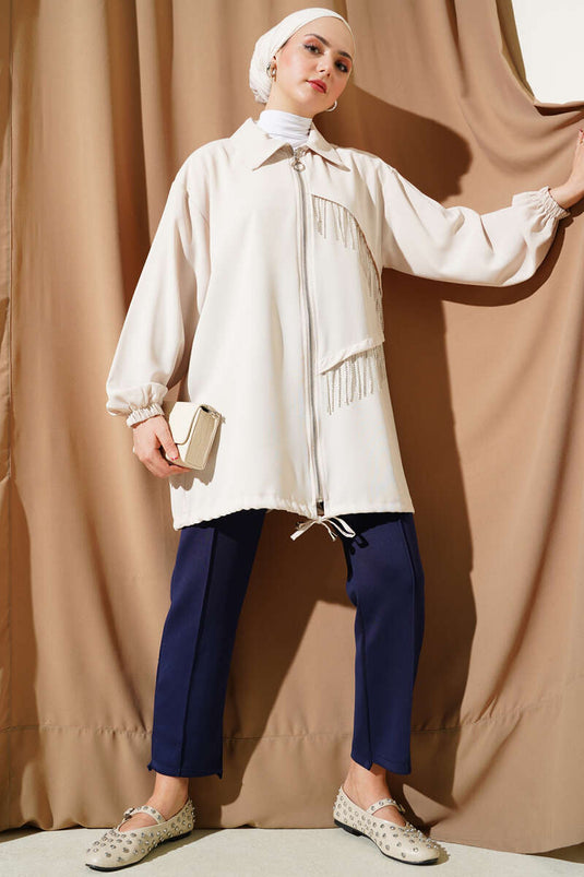 Tassel Stone Zippered Cape Beige
