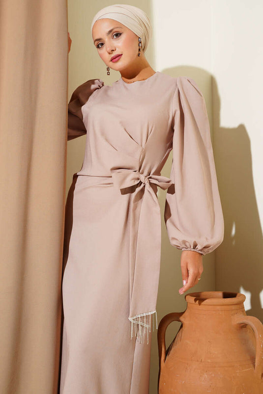 Püskül Taşlı Yan Bağlamalı Abiye Elbise Bej