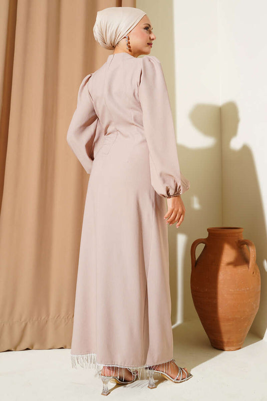 Püskül Taşlı Yan Bağlamalı Abiye Elbise Bej