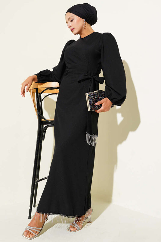 Püskül Taşlı Yan Bağlamalı Abiye Elbise Siyah