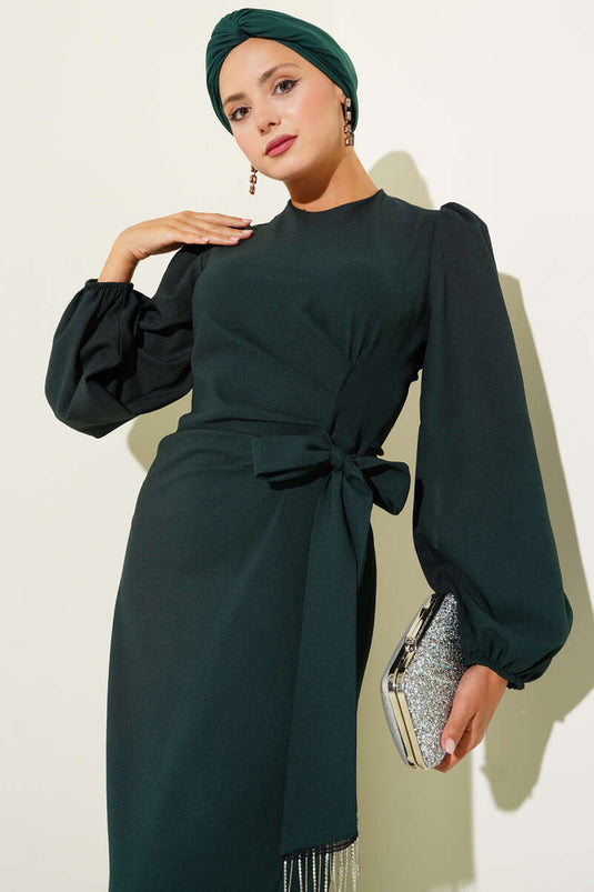 Püskül Taşlı Yan Bağlamalı Abiye Elbise Zümrüt