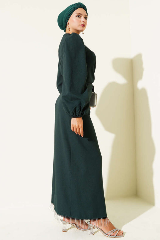 Püskül Taşlı Yan Bağlamalı Abiye Elbise Zümrüt