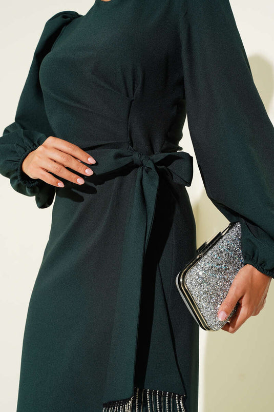 Püskül Taşlı Yan Bağlamalı Abiye Elbise Zümrüt