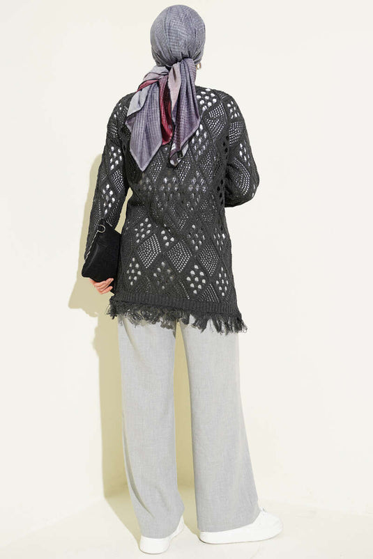 Fringed Baklava Pattern Openwork Cardigan Smoke Gray