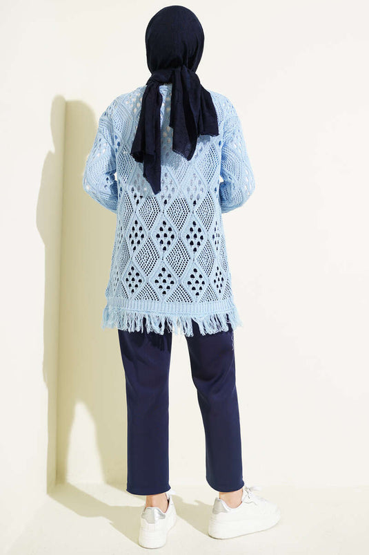 Cardigan ajouré à motif baklava à franges bleu