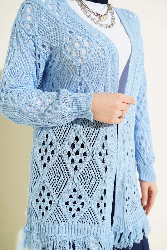 Cardigan ajouré à motif baklava à franges bleu