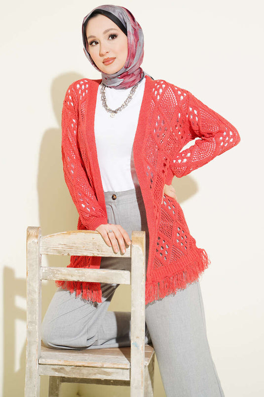 Cardigan ajouré à motif baklava à franges, couleur corail