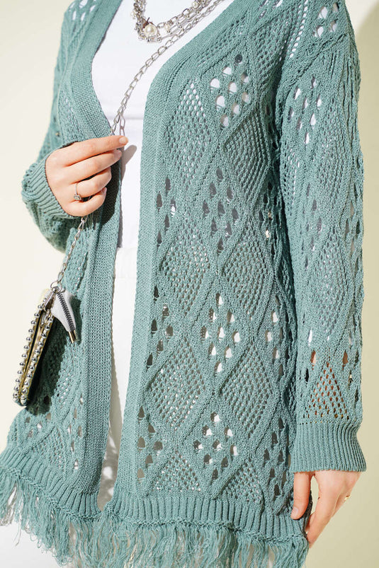 Fringed Baklava Pattern Openwork Cardigan Mint