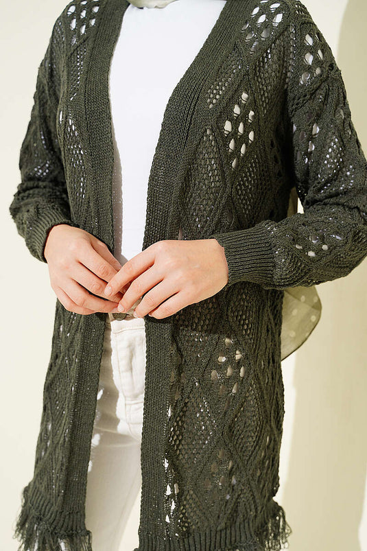 Cardigan ajouré motif baklava à franges, couleur néfti