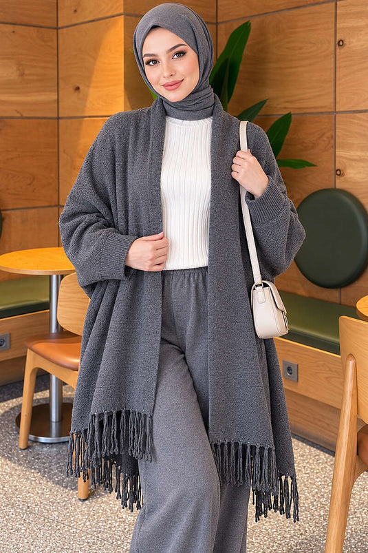 Châle Basic À Franges Pour Épaule Gris Fumé