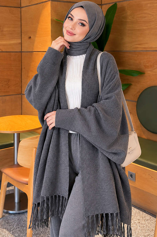 Châle Basic À Franges Pour Épaule Gris Fumé