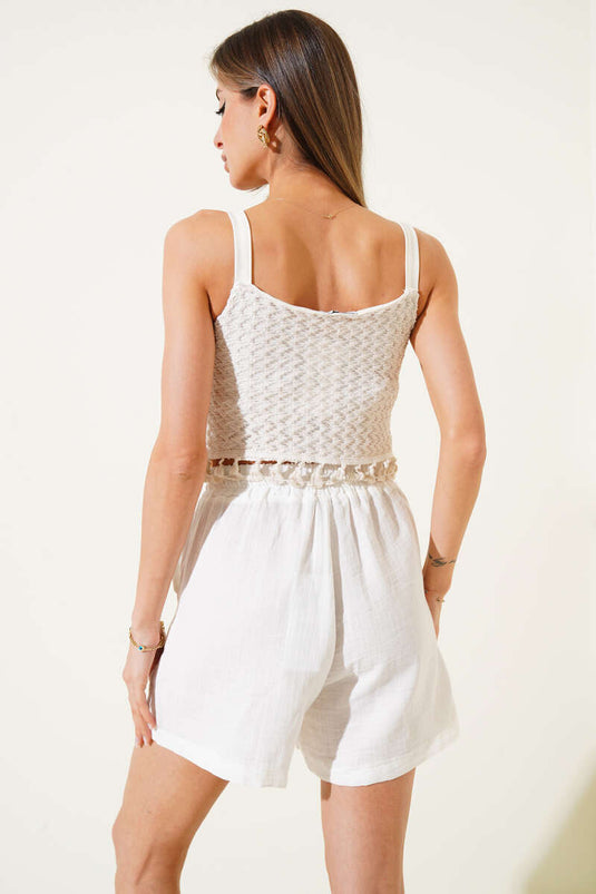 Püsküllü Dabtelli Crop Bej